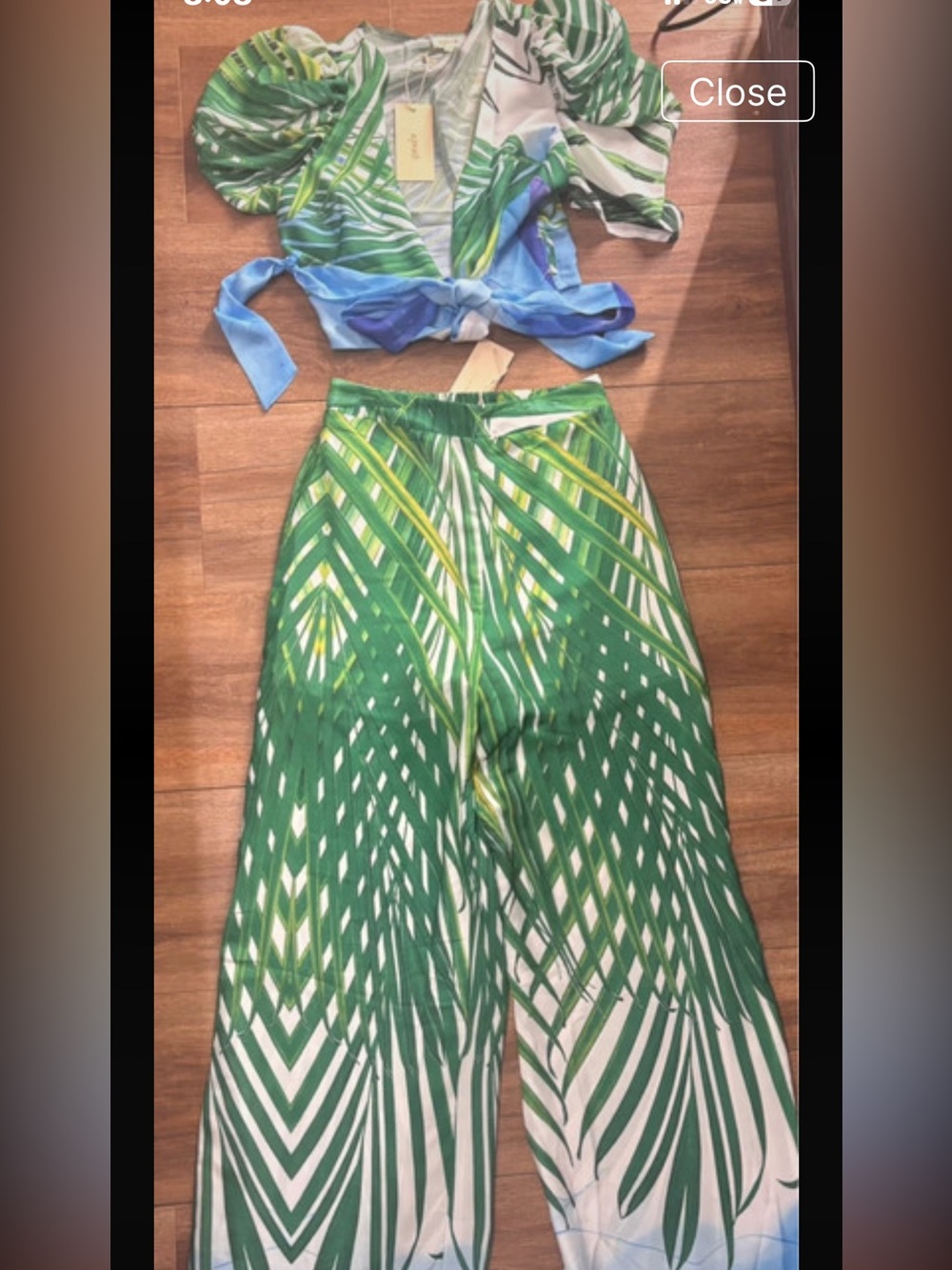 Tropical Green Palm-Print Wide Leg Pants set
